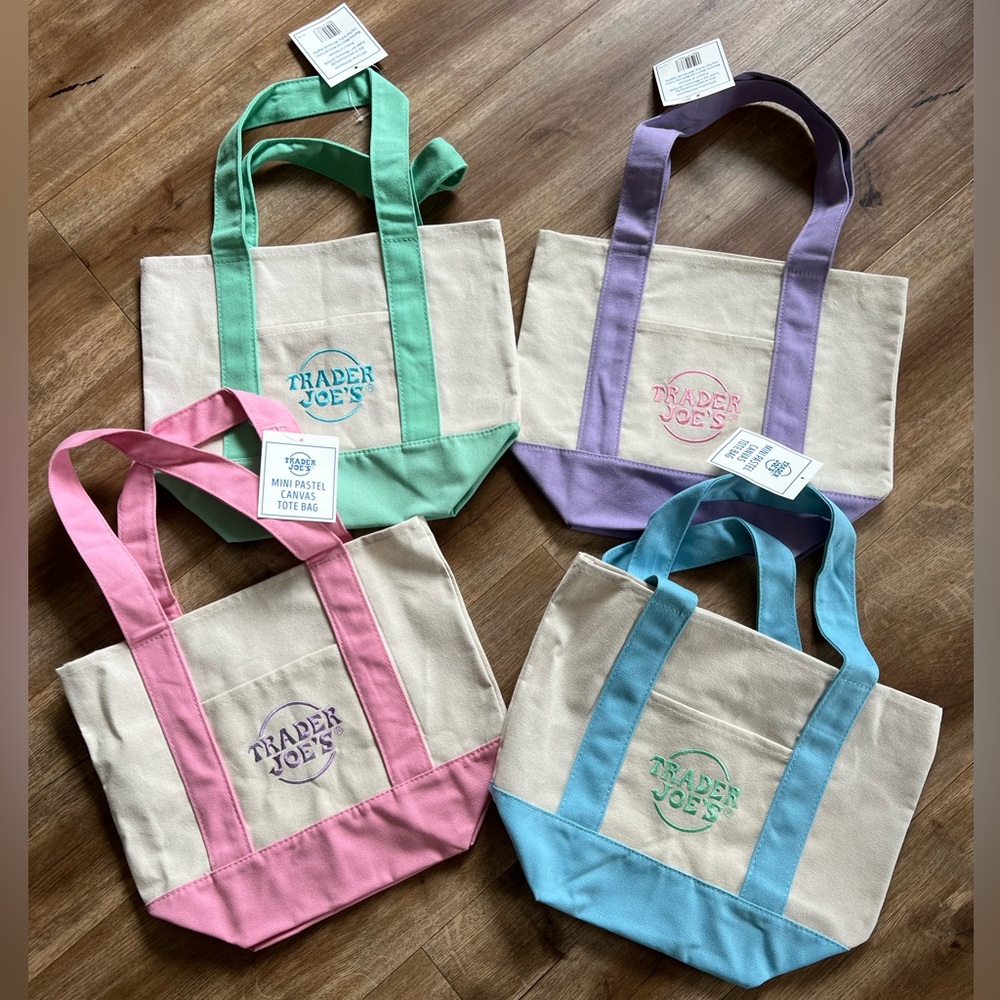 Trader Joe’s Mini Pastel Canvas Tote Bags Lot Set of 4 New with tags